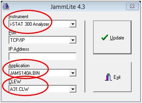 i-Stat 1 -laitteen päivitysohjelman JammLite-valintaikkuna