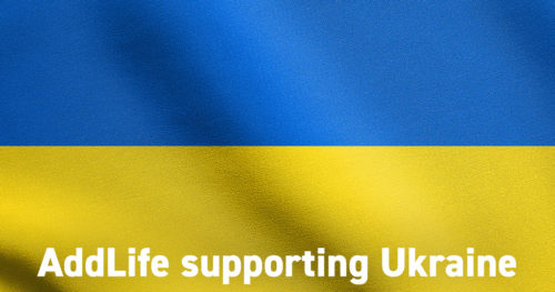 Ukrainan lippu ja teksti "AddLife supporting Ukraine"