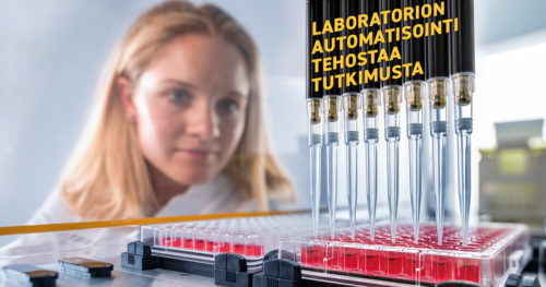 Ihminen ja nesteenkäsittelylaite, teksti "Laboratorion automatisointi tehostaa tutkimusta"