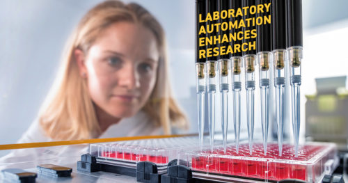 A person, a microplate, fluid handling equipment, text "Laboratory automation enhances research".